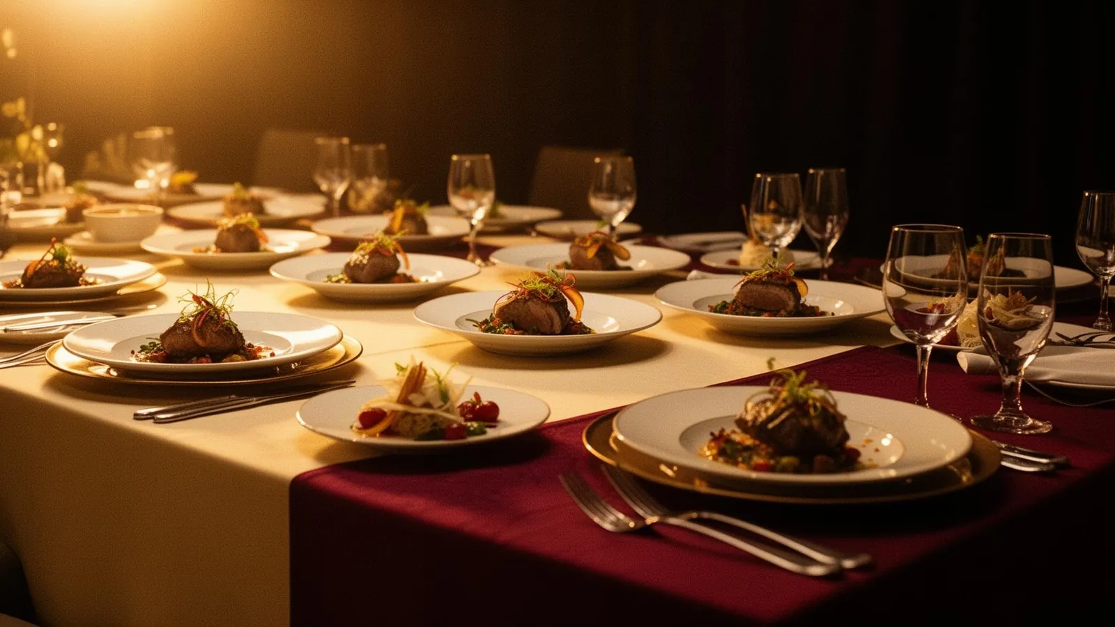 Plated entrees on an upscale corporate banquet table under warm tungsten light