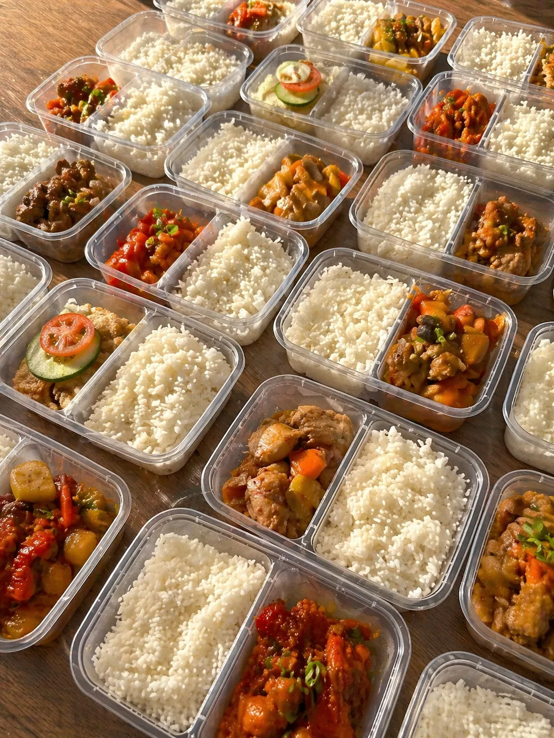 Grid of clear two-compartment meal-prep containers with steamed rice and rotating viands lined up on a wooden table